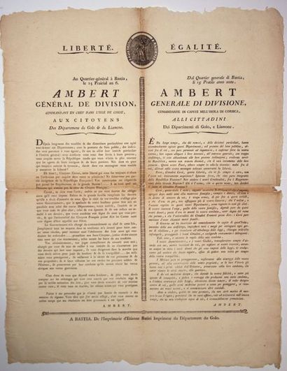 null CORSE. Au Q.G. à BASTIA le 15 Prairial An 6 (3 Juin 1798). Adresse d'AMBERT...