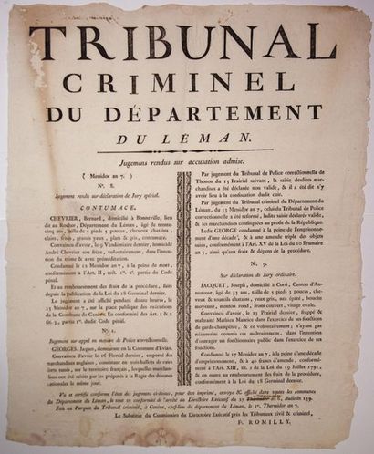 null AN 7. SUISSE & HAUTE-SAVOIE. «TRIBUNAL CRIMINEL du Département du LÉMAN; Jugements...