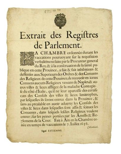 null (PESTE EN PROVENCE. 1656) - «Extrait des Registres du Parlement» de Provence,...