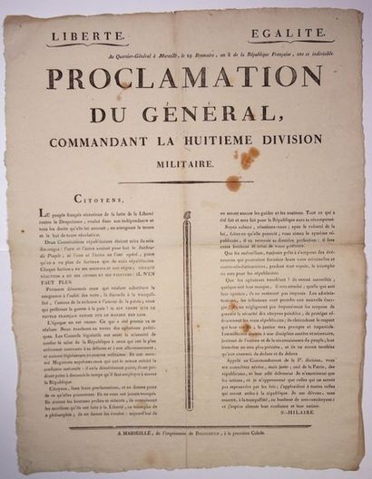 null BOUCHES-DU-RHÔNE. 1799. Proclamation du Général SAINT-HILAIRE, Commandant la...