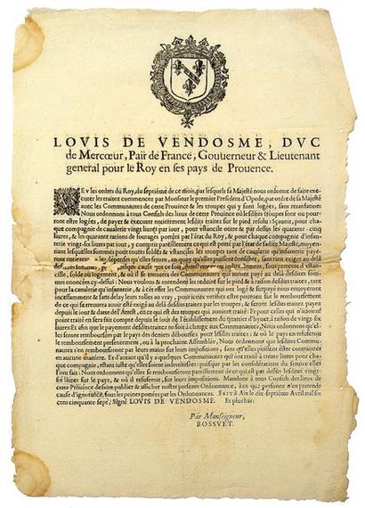 null 1657. PROVENCE - «LOUIS DE VENDÔME, Duc de Mercoeur, Pair de France, Gouverneur...