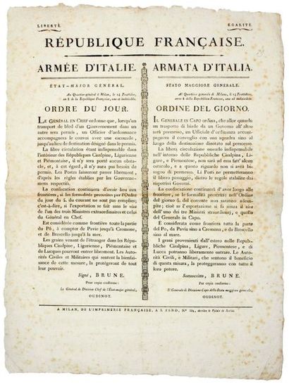 null ARMÉE D'ITALIE. 1800. Maréchal MASSÉNA. Placard bilingue: Arrêté de MASSÉNA,...