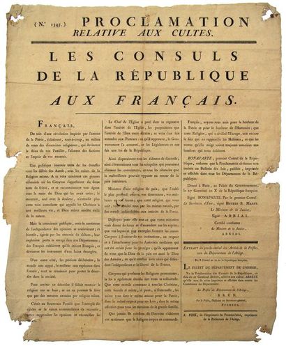 null AN 10. ARIÈGE - BONAPARTE Premier Consul - «Proclamation relative aux CULTES»...