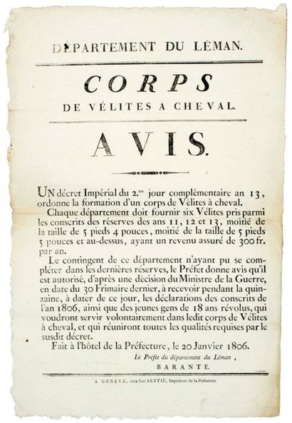 null 1806. GENÈVE. DÉPARTEMENT DU LÉMAN - CORPS DES VÉLITES A CHEVAL - Avis de BARANTE...