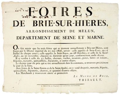 null 1806. (SEINE-ET-MARNE). "FOIRES DE BRIE-SUR-HIÈRES (Nom Révolutionnaire de BRIE-COMTE-ROBERT),...