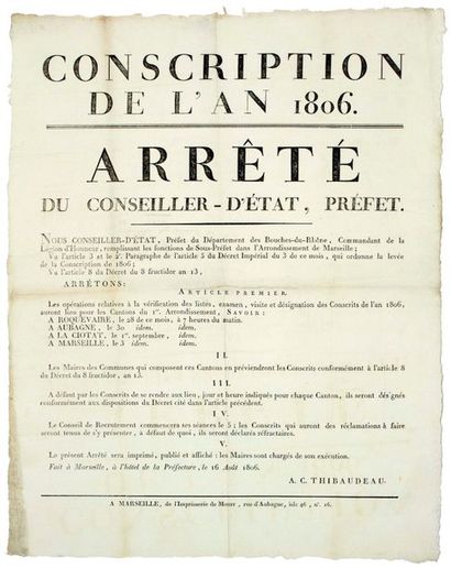 null 1806. BOUCHES-DU-RHÔNE. "CONSCRIPTION DE L'AN 1806". "Arrêté de A. C. THIBAUDEAU,...