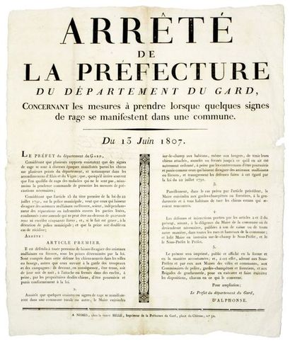 null 1807. (LA RAGE DANS LE DÉPARTEMENT DU GARD). "Arrêté de la Préfecture du Département...