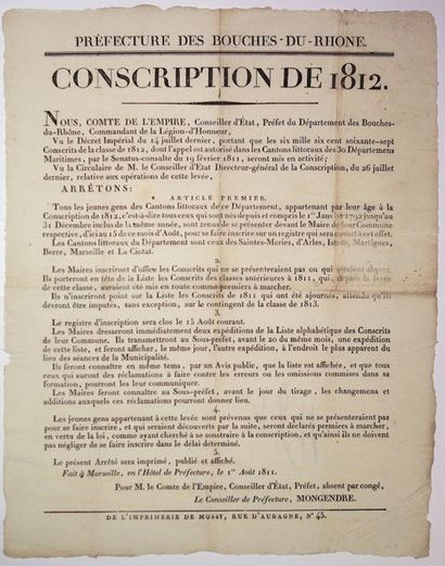 null 1811. BOUCHE-DU-RHÔNE. CONSCRIPTION DE 1812. Levée de 6667 conscrits dans les...