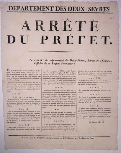 null 1812. DEUX-SÈVRES: Arrêté du Baron DUPIN Préfet du Département des Deux-Sèvres,...