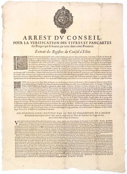 null PROVENCE. 1667. PÉAGES. DOUANE - Arrêt du Conseil d'État du ROY LOUIS XIV, Comte...