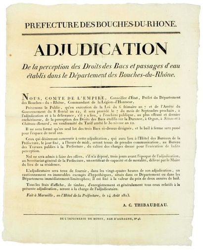 null 1813. BOUCHES-DU-RHÔNE. (DROITS DES BACS SUR LA DURANCE.). «Adjudication de...