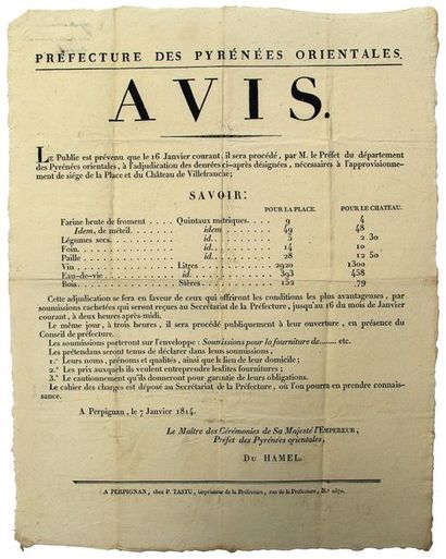 null 1814. PYRÉNÉES ORIENTALES. Château de VILLEFRANCHE-DE-CONFLANT. Empire. «AVIS....