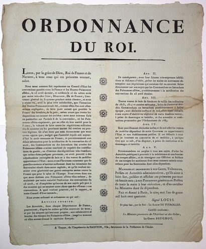 null AUBE. «ORDONNANCE du ROI (LOUIS XVIII).». (en 5 articles.) «Article 1°) Le Autorités,...