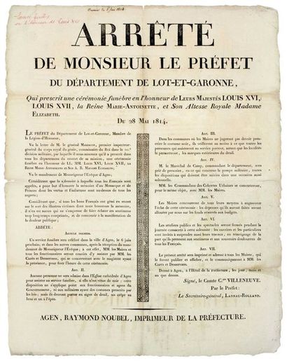 null CULTE DE LOUIS XVI, ROI MARTYR. 1814. AGEN: «Arrêté de Monsieur le Préfet du...