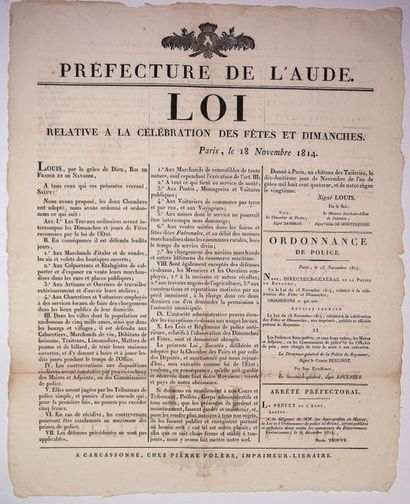 null 1814. AUDE - «LOI relative à la Célébration des FÊTES ET DIMANCHES.». Paris...