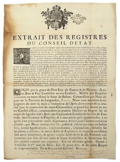 null 1672. TOULOUSE (31). DROIT DE CANAL. Extrait des registres du Conseil d'État...