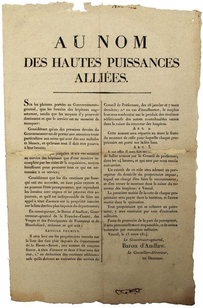 null 1815. HAUTE SAÔNE. VESOUL 15 mars 1815. "Au Nom des Hautes Puissances Alliées"....