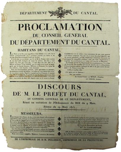 null 1815. CENT JOURS (Retour de Napoléon). CANTAL - «Proclamation du Conseil Général...