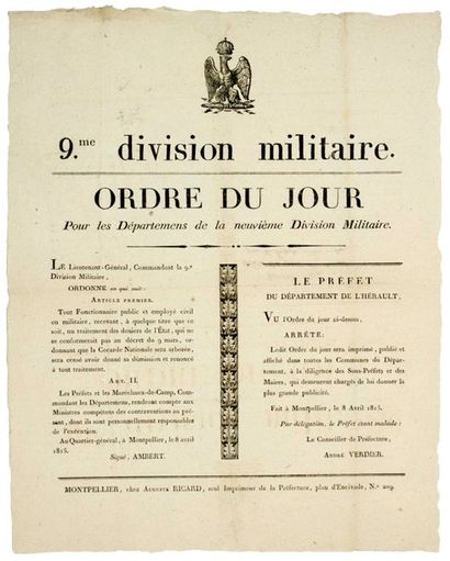 null 1815. (CENT-JOURS). HÉRAULT. COCARDE NATIONALE. "9 Division Militaire. ORDRE...
