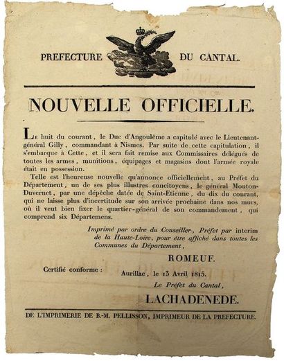 null 1815. CENT-JOURS (Retour de Napoléon). CANTAL. «NOUVELLE OFFICIELLE.», Aurillac...