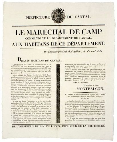 null 1815. CANTAL. (LES CENT-JOURS) «VIVE L'EMPEREUR.» Le Maréchal de Camp MONTFALCON...