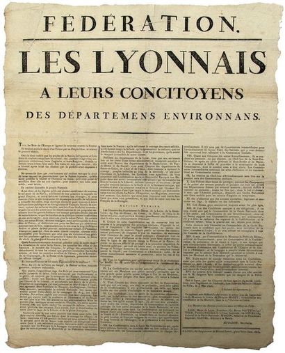 null 1815. CENT-JOURS. LYON - «FÉDÉRATION» - «Les LYONNAIS à leurs concitoyens des...