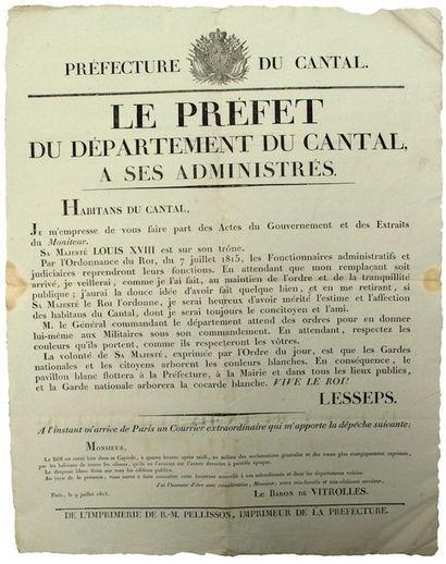 null 1815. CANTAL (RETOUR DE LOUIS XVIII) - Adresse de LESSEPS, Préfet du Département...