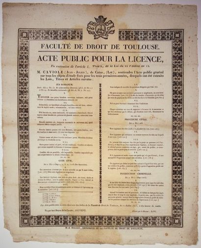 null LOT. HAUTE-GARONNE. 1815. Acte public pour la LICENCE DE DROIT soutenu dans...
