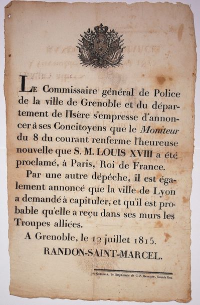 null 1815. ISÈRE. (RETOUR DE LOUIS XVIII, à PARIS) - Avis de RANDON-SAINT-MARCEL...