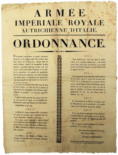null 1815. «ARMÉE IMPÉRIALE ROYALE AUTRICHIENNE D'ITALIE»: Ordonnance du Baron de...