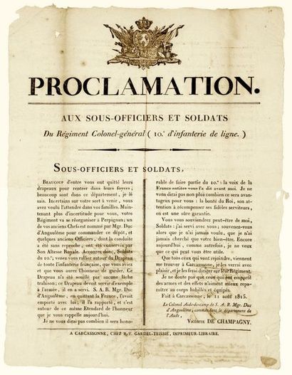 null 1815. AUDE. Proclamation du Vicomte De CHAMPAGNY Colonel, aide de Camp de S.A.R....
