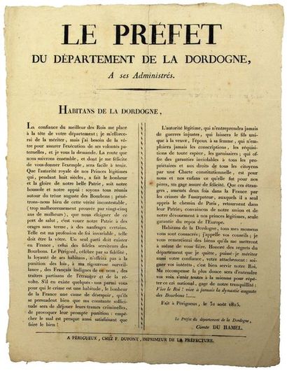 null 1815. DORDOGNE. Le Comte DU HAMEL, Préfet du Département de la Dordogne, à ses...