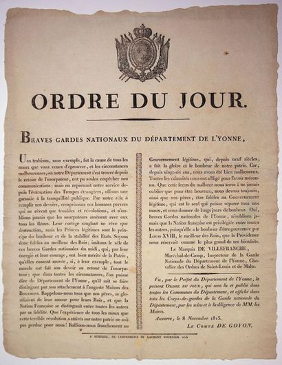 null YONNE. AUXERRE, le 8 Novembre 1815. Retour de LOUIS XVIII. Ordre du Jour du...