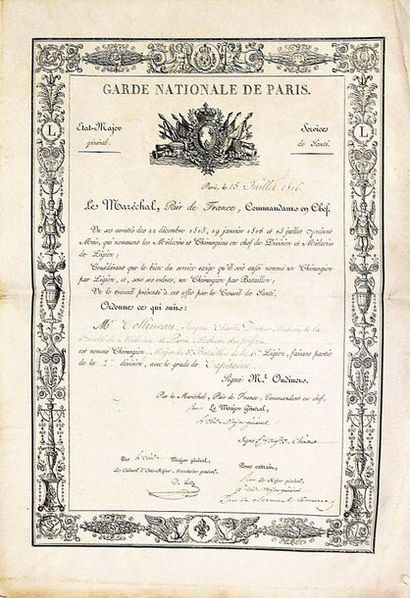 null «GARDE NATIONALE DE PARIS.» Paris 15 Juillet 1816. Brevet du Service de Santé...