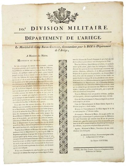 null (1816). ARIÈGE: Lettre du Maréchal-de-Camp Baron COUTURE, Commandant pour le...