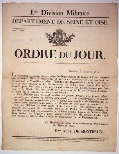 null VERSAILLES (78) le 29 Janvier 1816. «ORDRE DU JOUR, du Baron Alexandre DE MONTBRUN...
