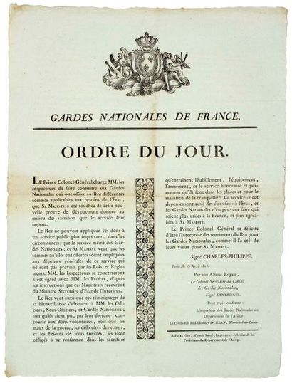 null ARIÈGE. 1816. CHARLES X. DONS VOLONTAIRES DES «GARDES NATIONALES DE FRANCE.»...