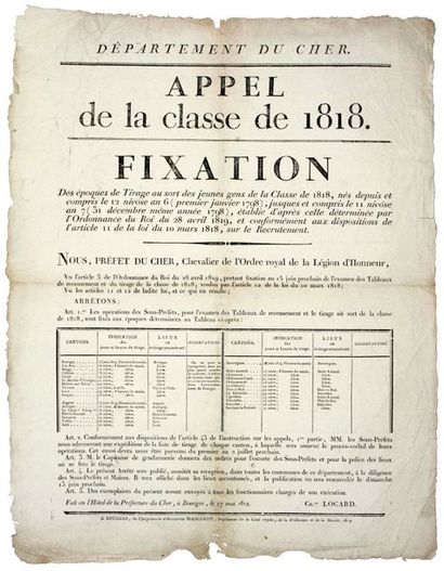 null CHER. 1819. «APPEL de la Classe 1818.» BOURGES 17 Mai 1819 - Fixation des époques...