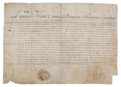 null ROUSSILLON. 1691. Parchemin signé Germain Michel CAMUS DE BEAULIEU Chevalier,...