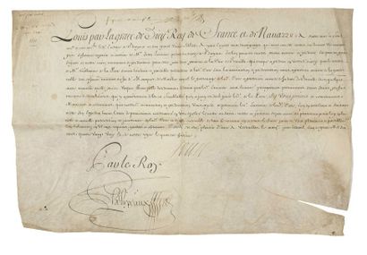 null (LOUIS XIV. CALVADOS.) Parchemin signé LOUIS XIV (Secrétaire), contresignée...