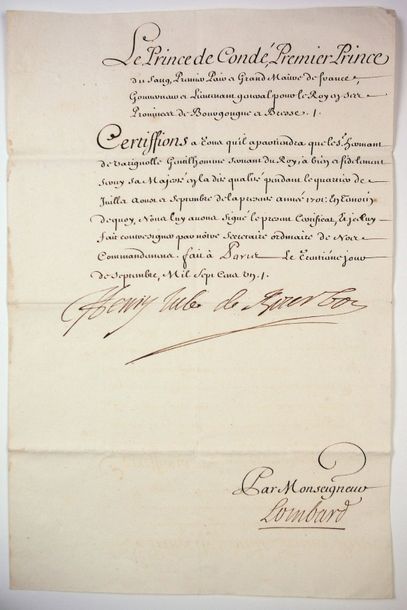 Henry Jules de BOURBON-CONDÉ (Paris 1709-1709) Pièce signée "HENRY JULES DE BOURBON"...