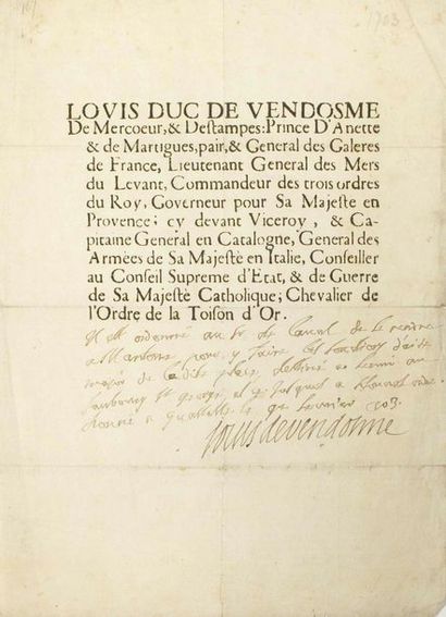 VENDÔME (Louis Joseph, Duc de PENTHIÈVRE, puis Duc de) 1654 – 1712 Célèbre Général,...
