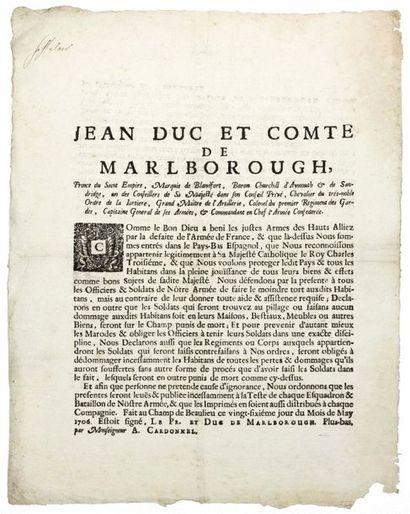 null 1706. Jean Duc et Comte de MARLBOROUTH, Prince du Saint Empire, Marquis de BLANDFORD,...
