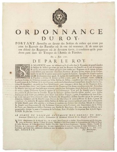 null PROVENCE. 1706. DRÔME. "Ordonnance du Roy, portant AMNISTIE en faveur des SOLDATS...