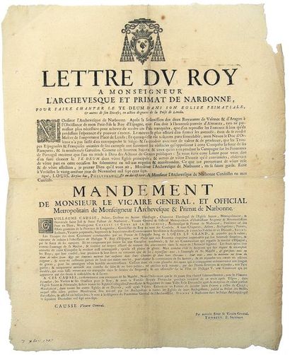 null 1707. (AUDE. ESPAGNE) PRISE DE LÉRIDA (Ville d'Espagne). Lettre du Roy à Mgr...