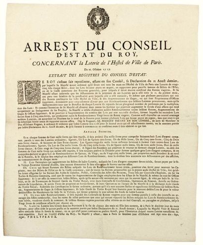 null PARIS. 1717.LOTERIE - «Arrest du Conseil d'Estat du Roi concernant la Loterie...