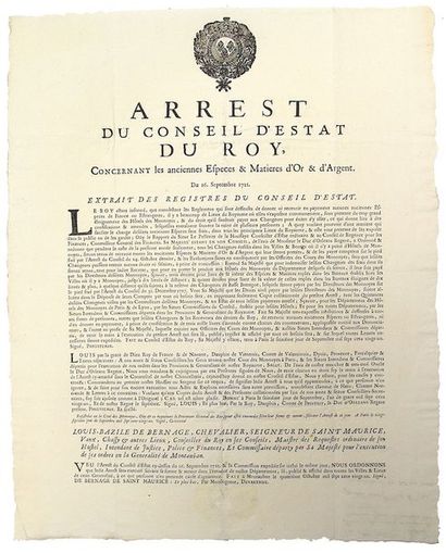 null 1721. MONNAIES D'OR & D'ARGENT. Arrest du Conseil d'Estat du Roy, concernant...