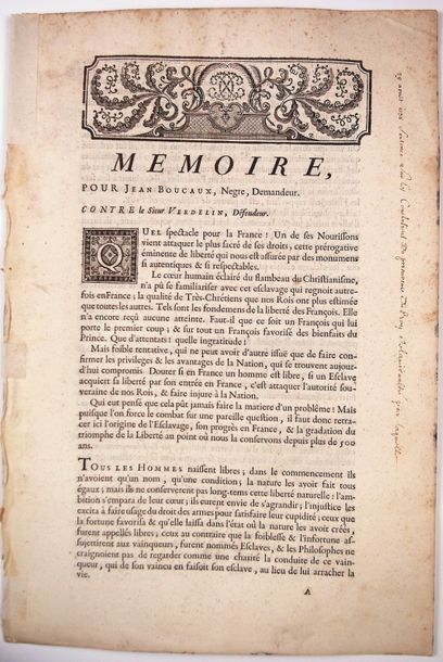 null ESCLAVAGE. DROITS DE L'HOMME. 1738.
«Mémoire (de procès) pour Jean BOUCAUX,...