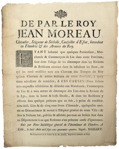 null 1744. (NORD). "De par le Roy, Jean MOREAU Seigneur de Séchelle, Intendant en...