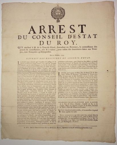 null PROVENCE. 1745. «Arrest du Conseil d'Etat du Roy (Louis XV), qui attribue à...